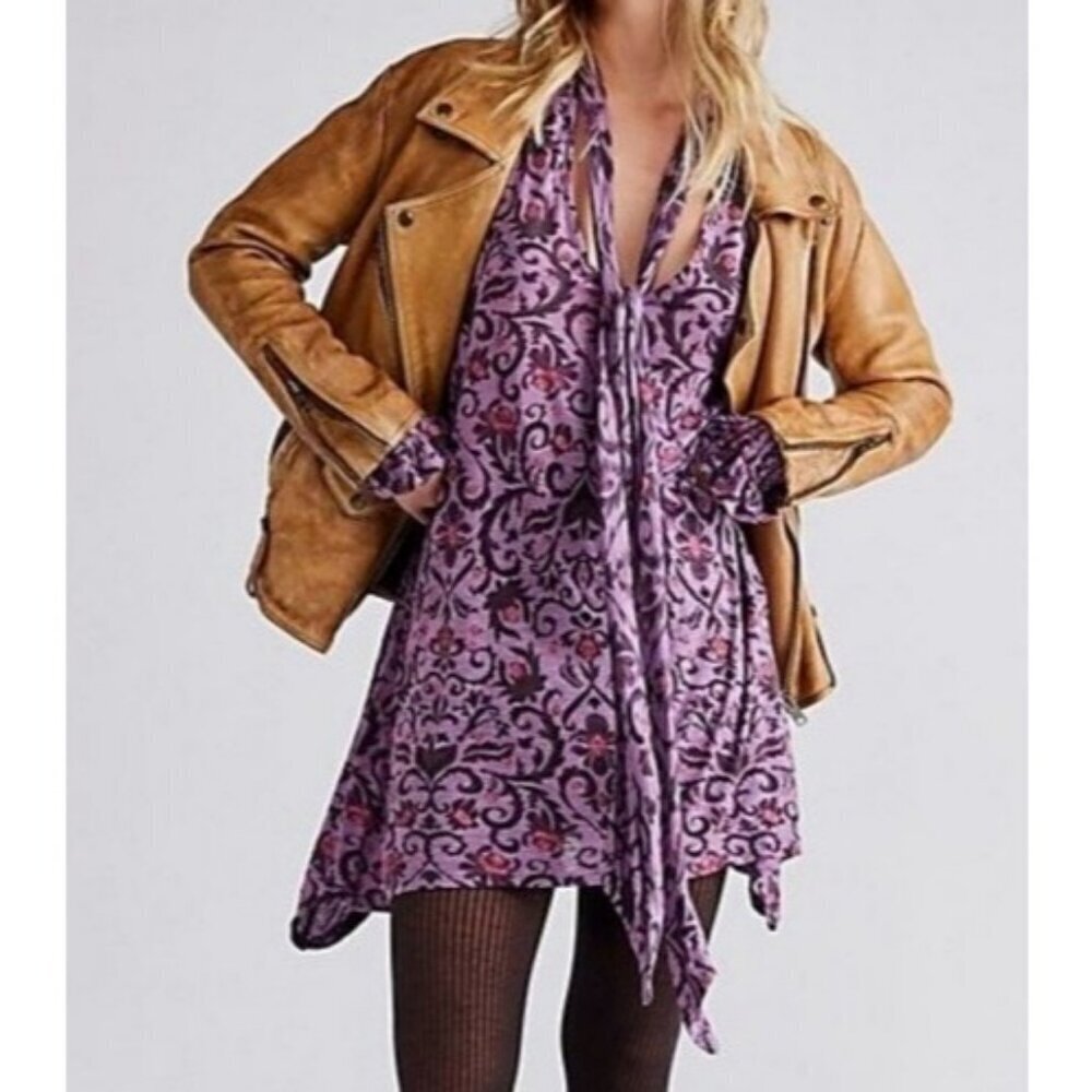 Free People Printed Bridgette Tunic Top Oversized Blouse Violet Rose Women's XS